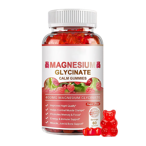 Thriv Magnesium Glycinate Calm Gummies bottle on a white background next to two red raspberry-flavored gummy bears