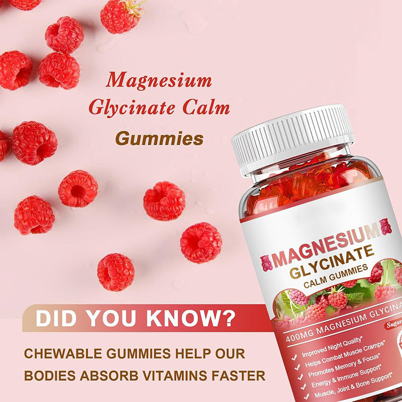 Thriv Magnesium Glycinate Calm Gummies bottle with fresh raspberries, captioned: chewable gummies help our bodies absorb vitamins faster