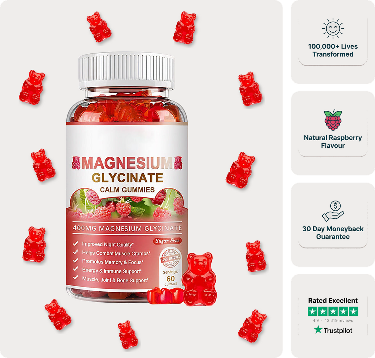 Magnesium Glycinate Calm Gummies bottle with raspberry gummies, 30 day moneyback guarantee and customer rating