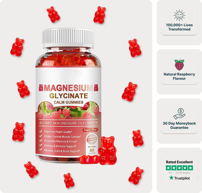 Magnesium Glycinate Calm Gummies bottle with raspberry gummies, 30 day moneyback guarantee and customer rating