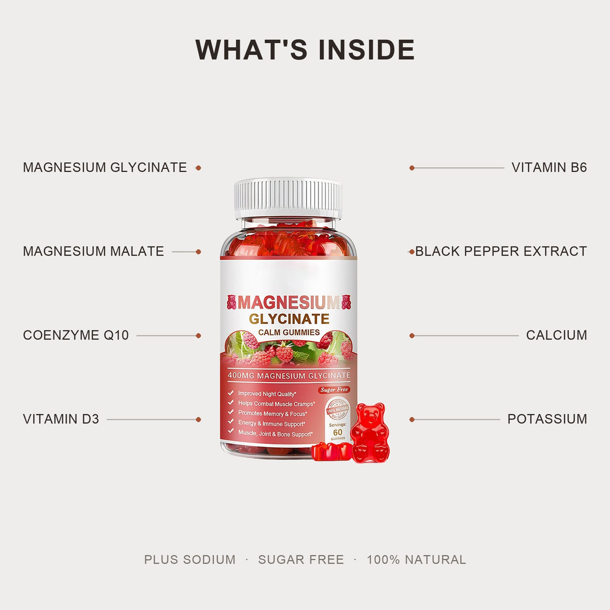 Ingredients: magnesium glycinate, magnesium malate, coenzyme Q10, vitamin D3, vitamin B6, black pepper extract, calcium, potassium
