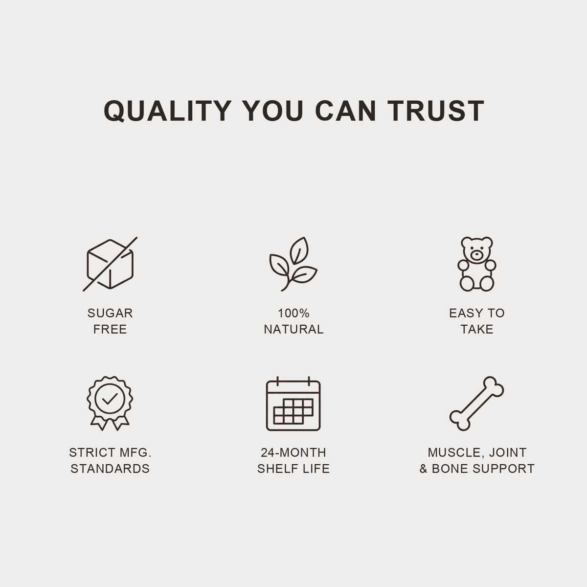 Quality you can trust: sugar free, 100% natural, easy to take, strict manufacturing standards, 24 month shelf life, muscle joint and bone support