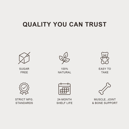 Quality you can trust: sugar free, 100% natural, easy to take, strict manufacturing standards, 24 month shelf life, muscle joint and bone support