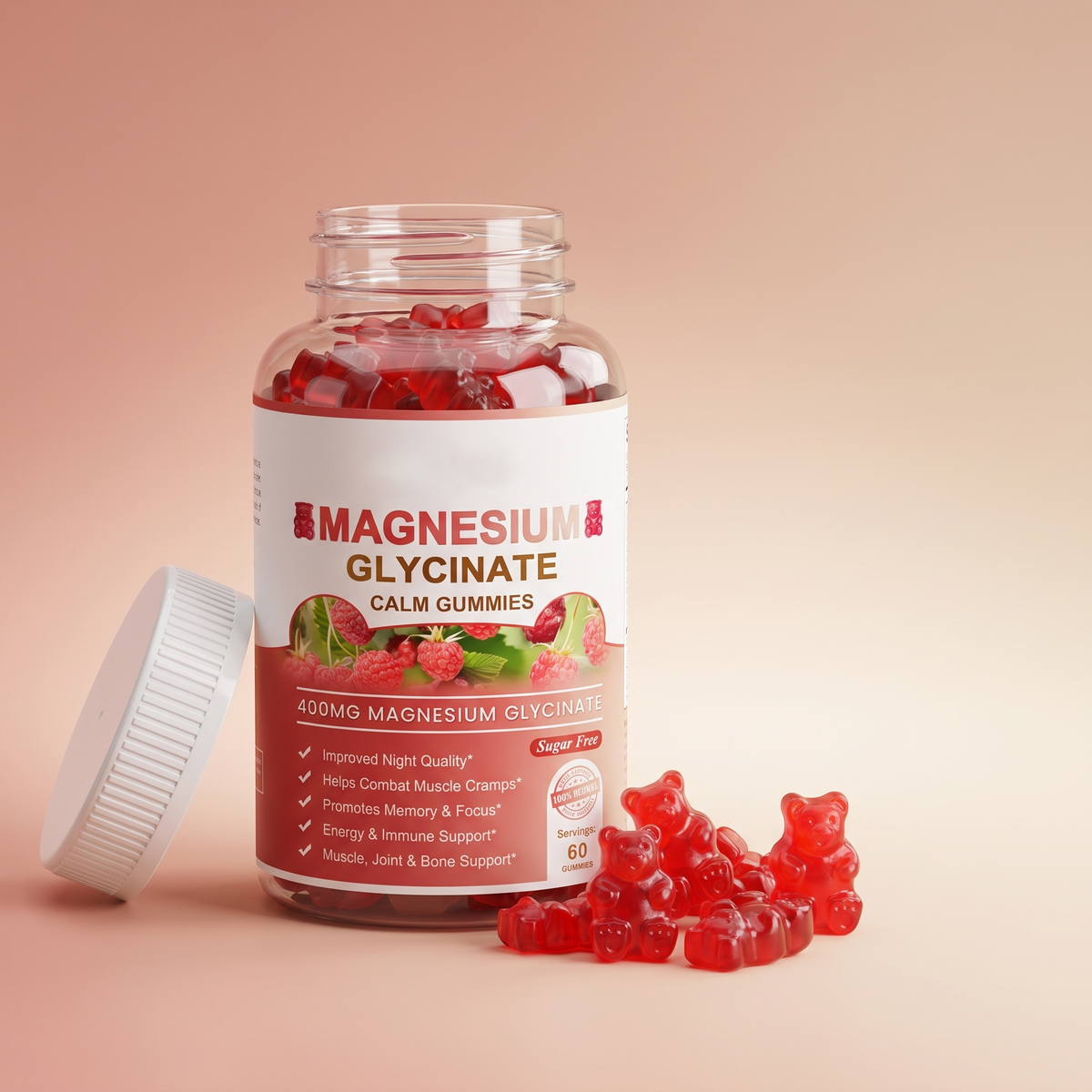 Thriv magnesium glycinate gummies bottle with cap removed and gummies scattered on soft blush background