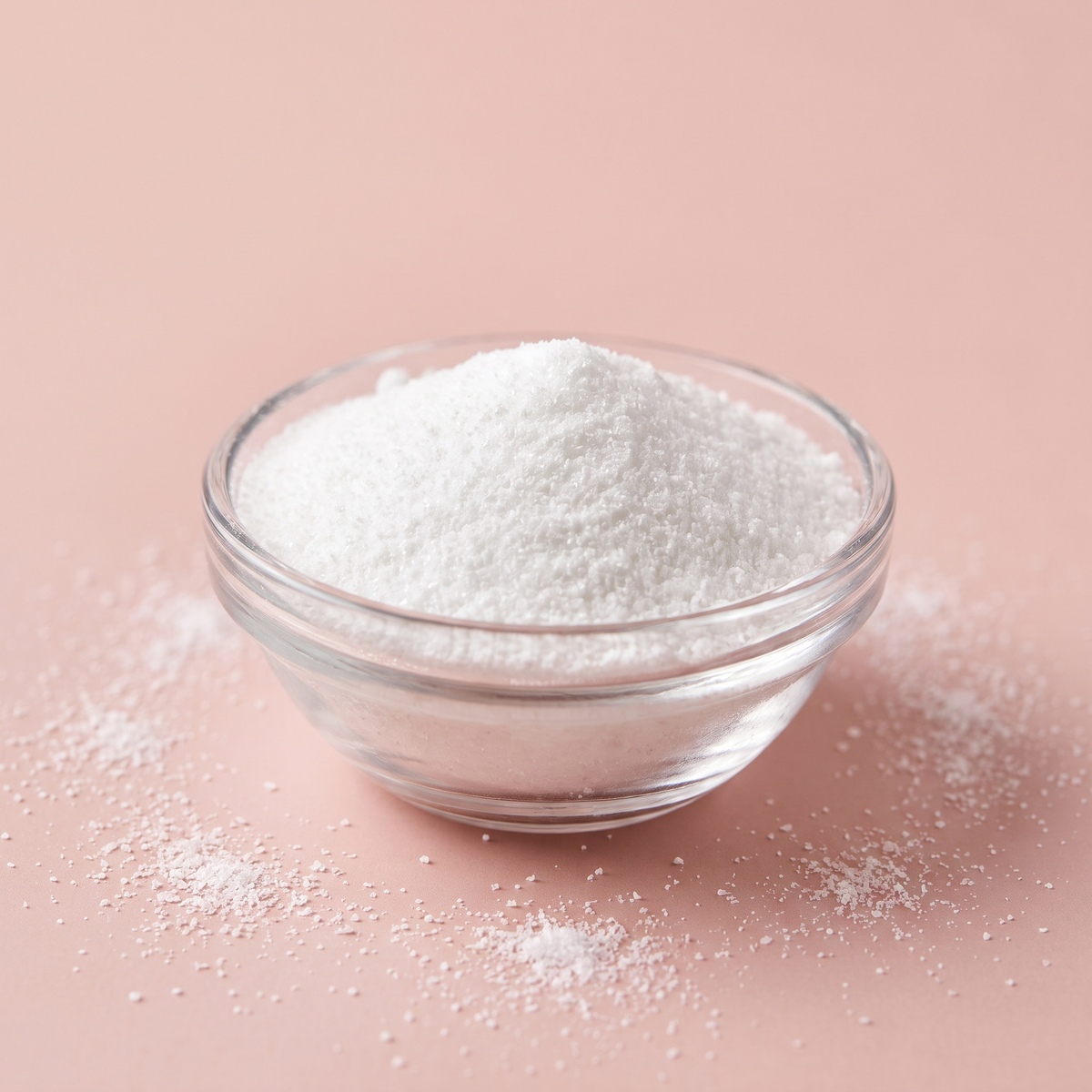 Magnesium glycinate powder in a glass bowl on a blush pink background