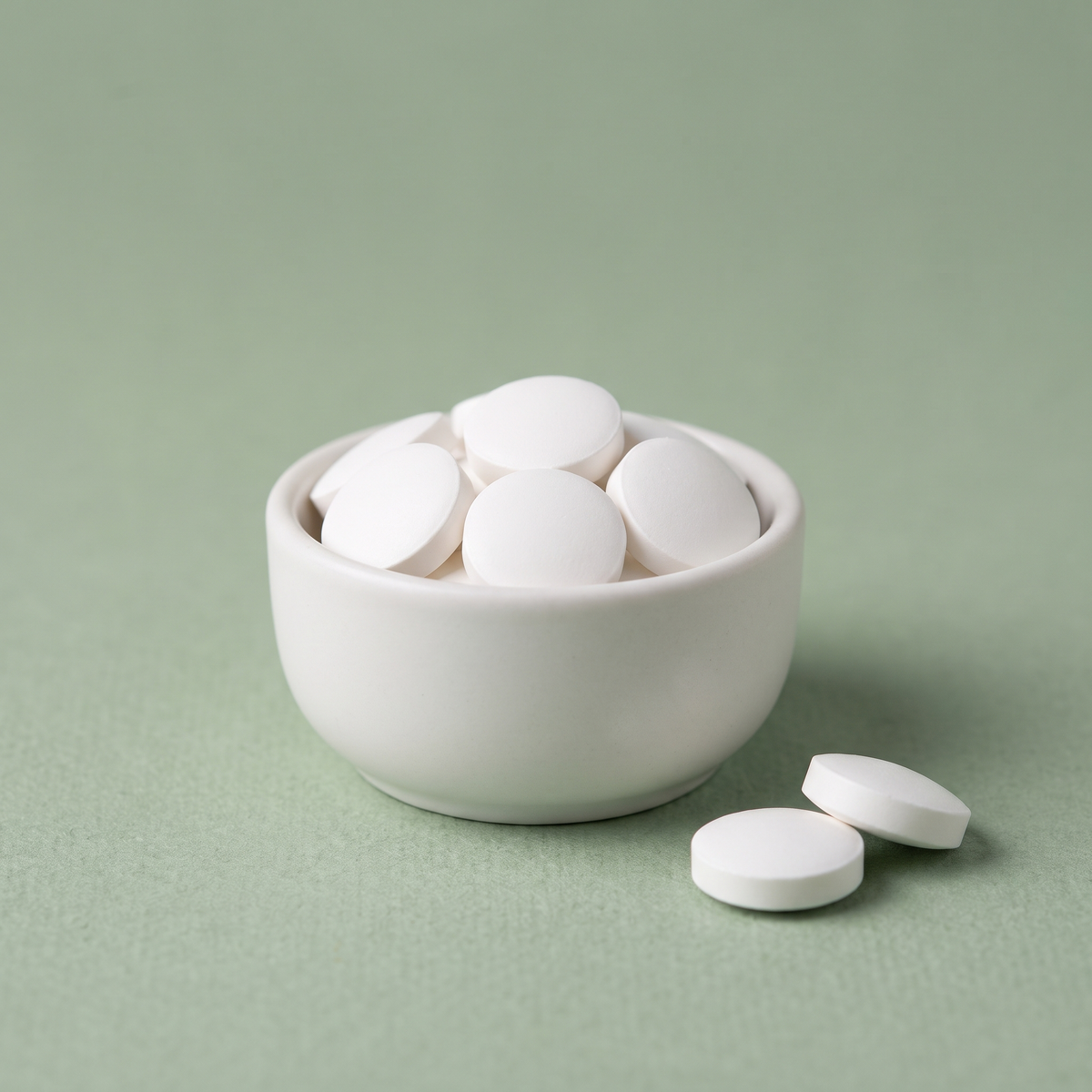 Vitamin B6 white tablets in a ceramic bowl on a sage green background