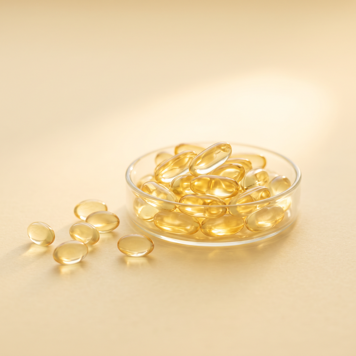 Vitamin D3 softgel capsules in warm sunlit lighting